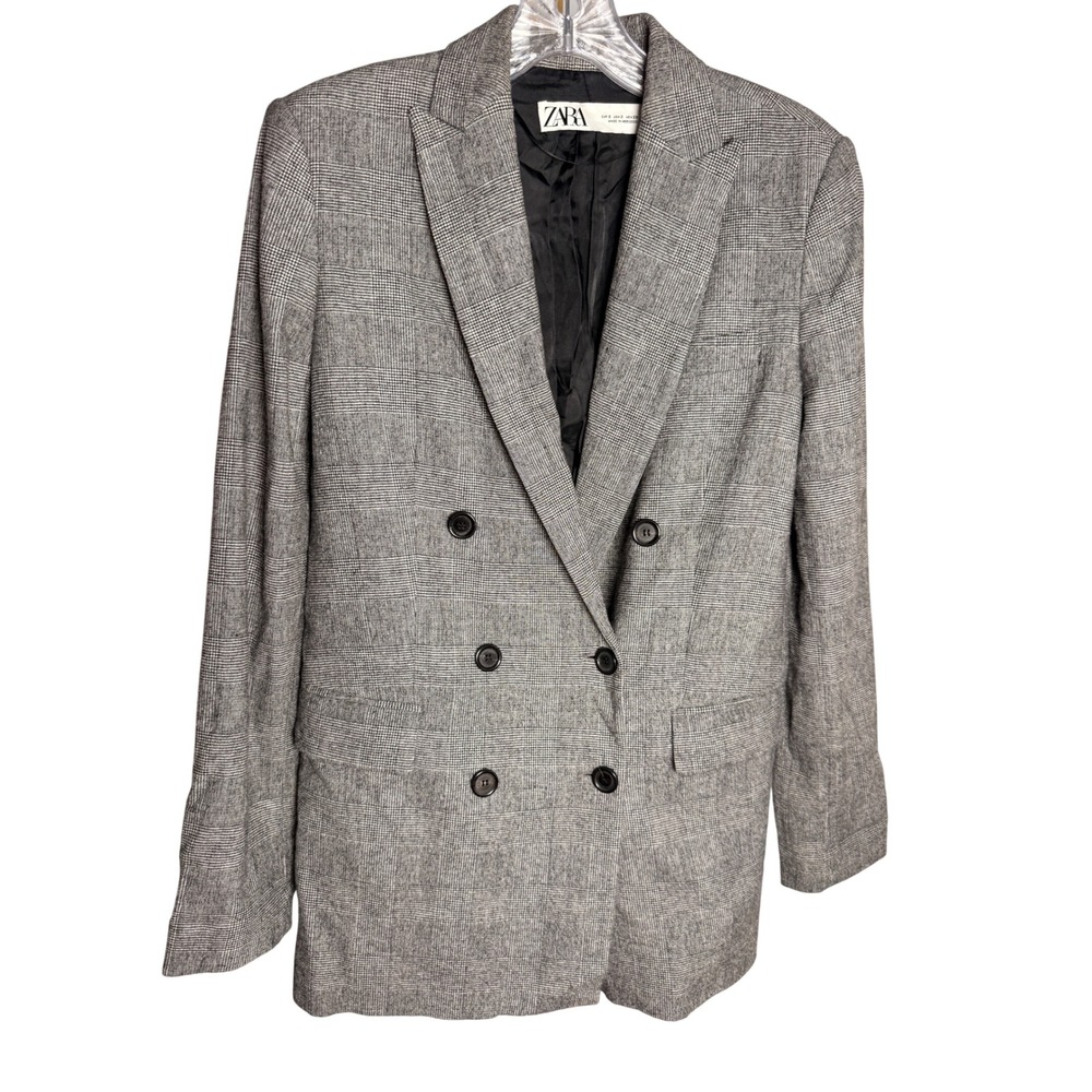 Zara Gray Glen Plaid Double Breasted Blazer Women Small S Tailored Career Jacket